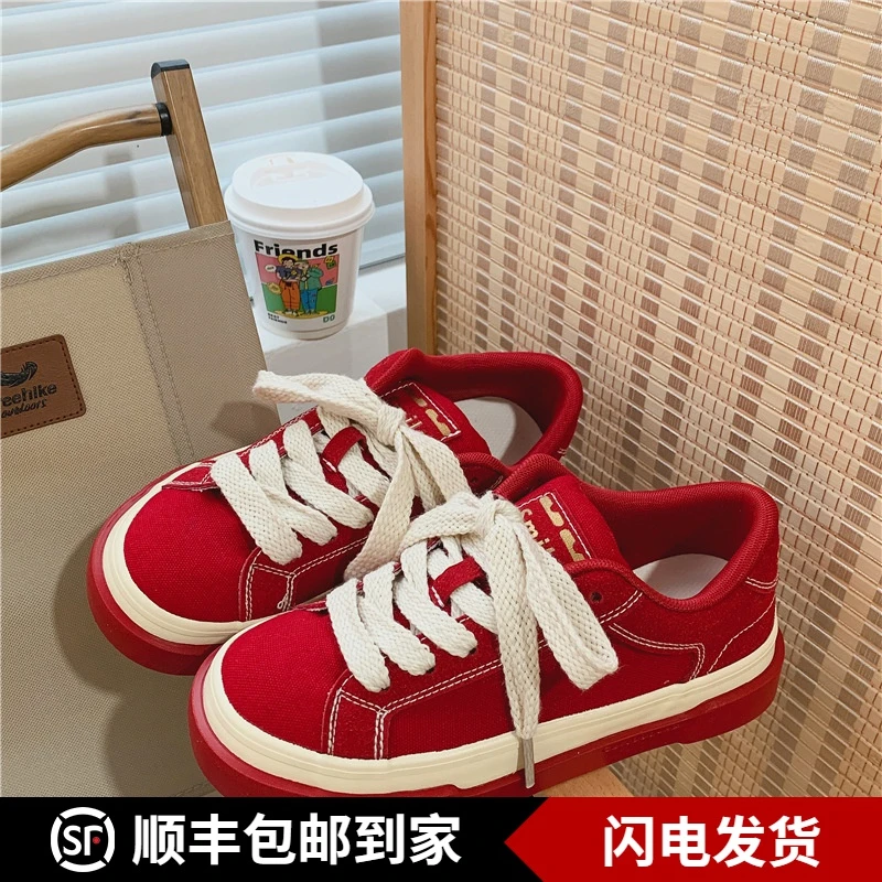 红色帆布鞋透气帆布鞋女学生新款韩版ins运动板鞋复古红低帮女鞋