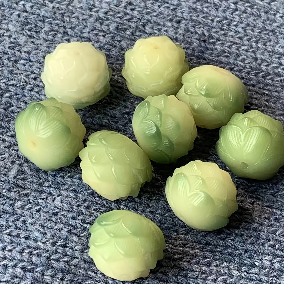非金属木质手链 菩提雕刻莲花 奶绿莲花珠饰 菩提子材质 首饰制作
