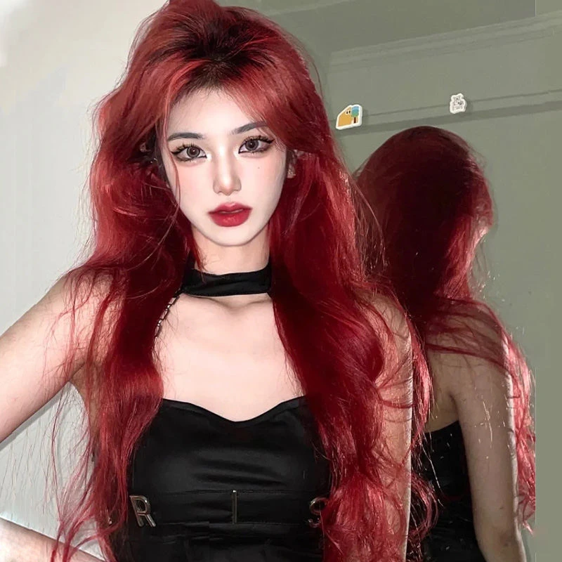 假发女玫瑰红长发中分八字刘海大波浪慵懒复古卷发全头套式