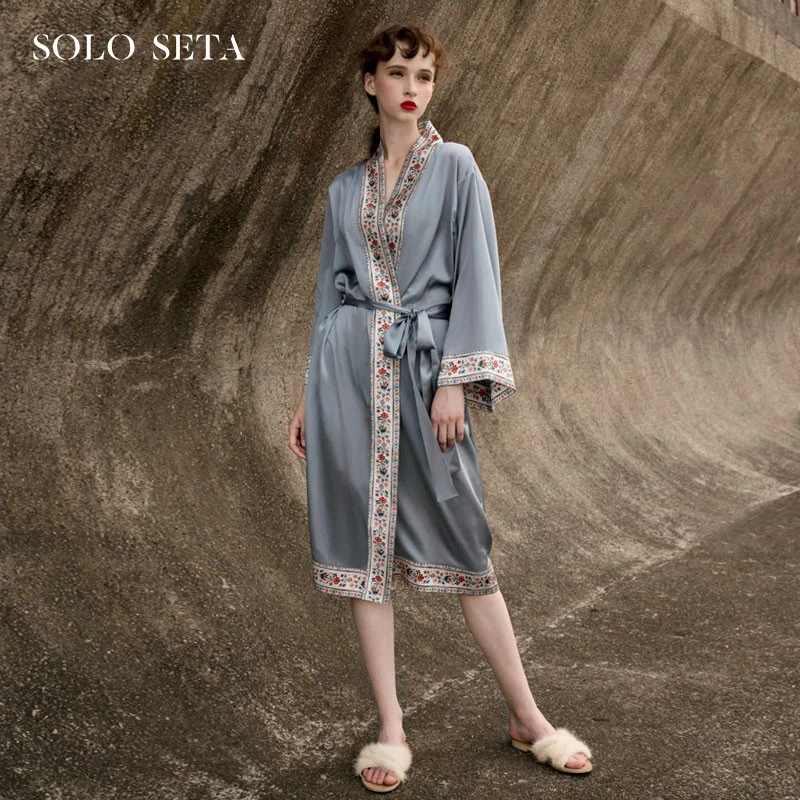 Solo seta重磅真丝睡袍女晨袍桑蚕丝浴袍丝绸外穿国风高级感秋季