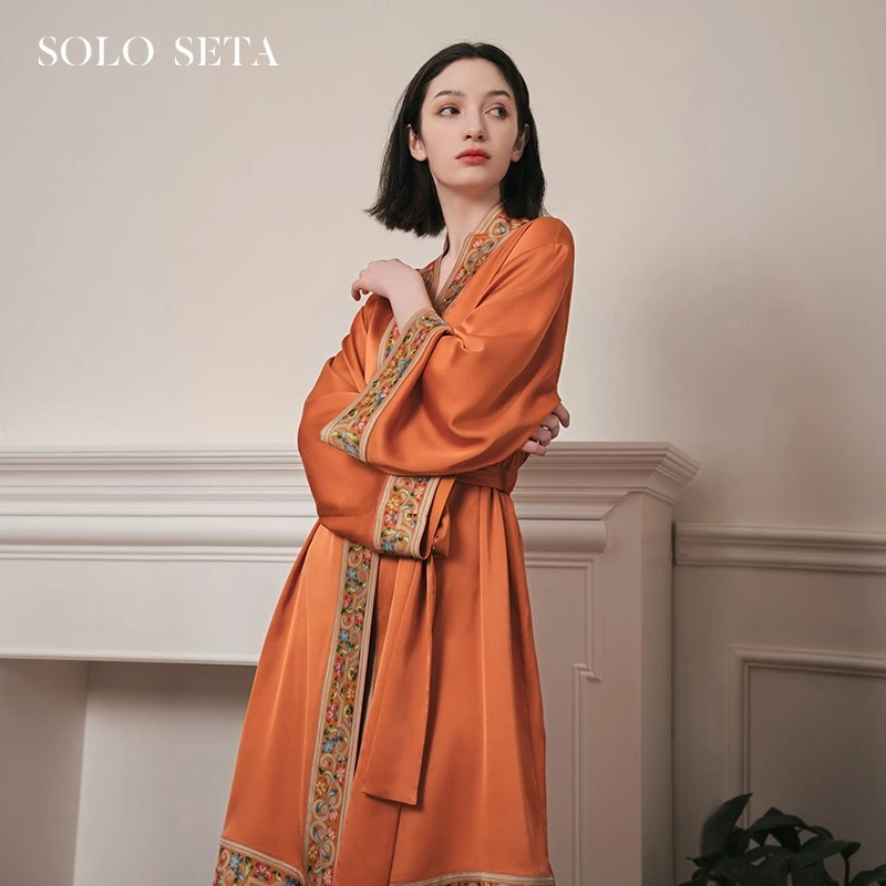 Solo seta真丝睡袍女中长款晨袍桑蚕丝家居服中国风丝绸秋冬款