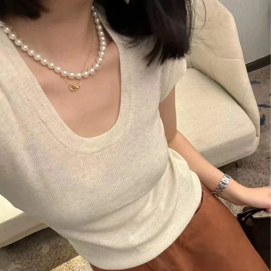 细羊毛U领显瘦针织打底衫2024欧货早秋新款百搭显瘦T恤纯色气质