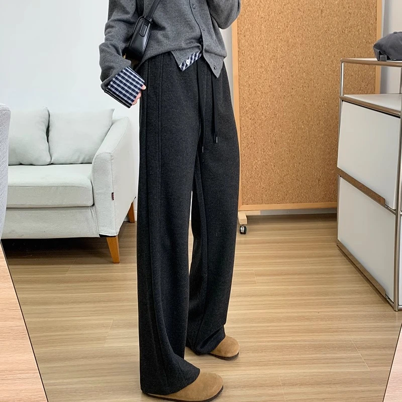 双走线窄版阔腿休闲裤女2024秋冬加厚梨形大码MM高腰显瘦直筒长裤