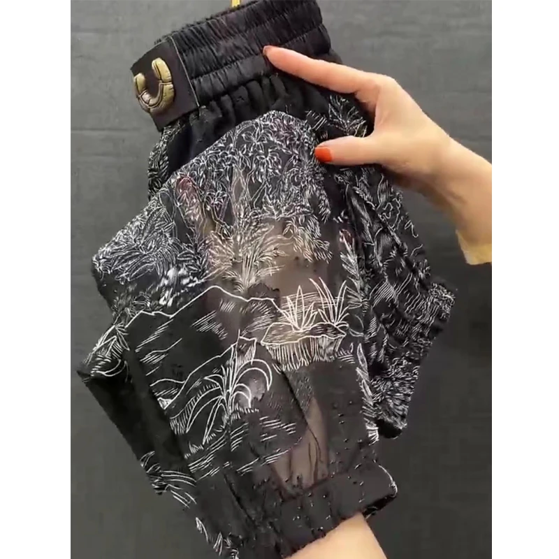 2024新款时尚洋气高腰宽松显瘦哈伦裤子夏季薄款蕾丝镂空休闲裤女