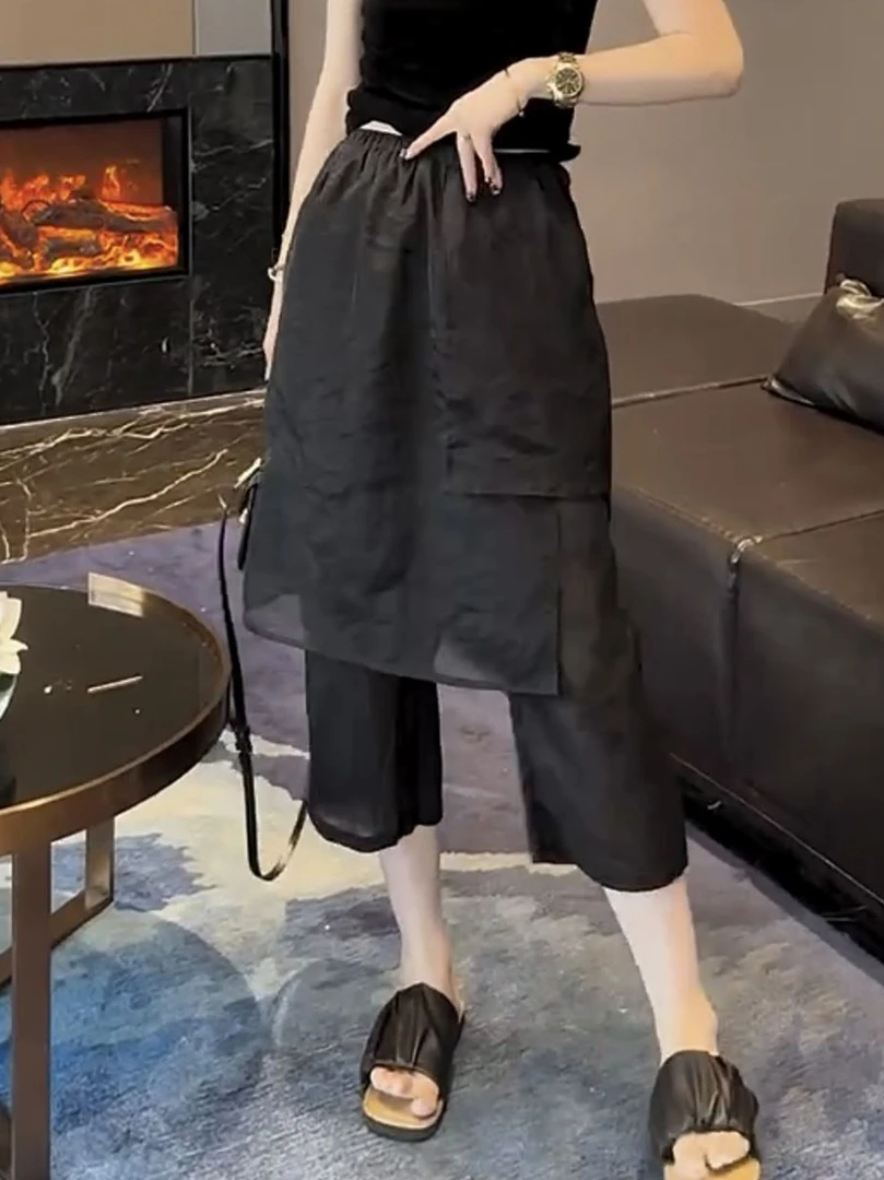 胖MM雪纺休闲裤女夏季薄款梨形身材显瘦宽松大码假两件拼接裤裙子