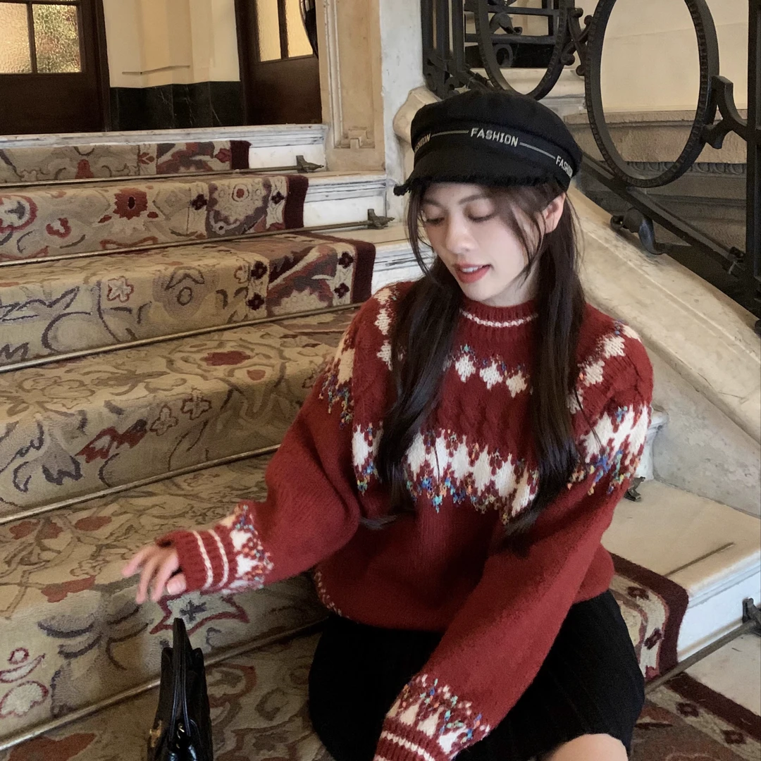 大眼LARGE EYE圣诞新年150小个子费尔岛圆领慵懒风毛衣女冬季