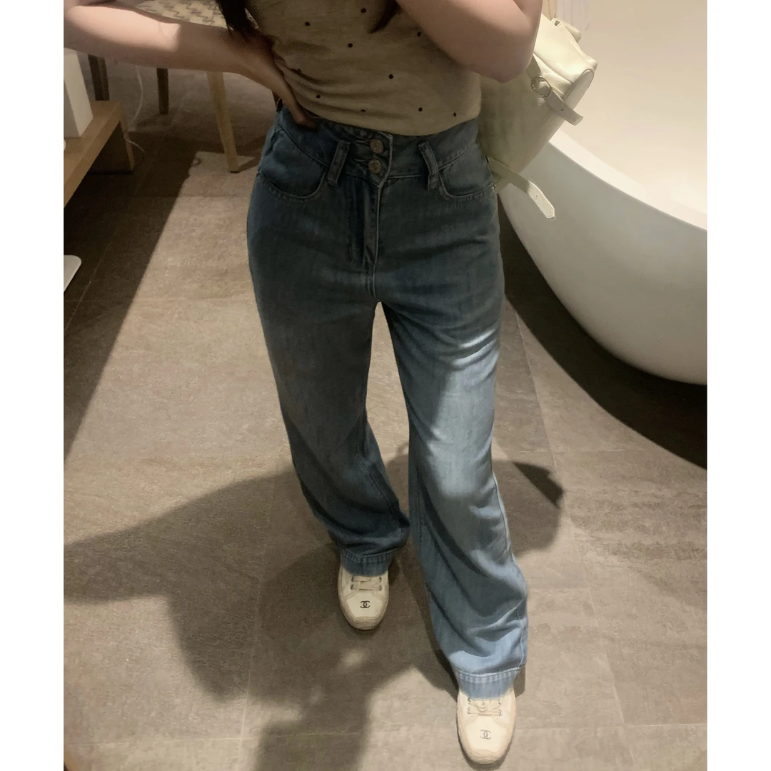 大眼自制Large eye牛仔裤150小个子女高腰垂感直筒裤夏季薄款