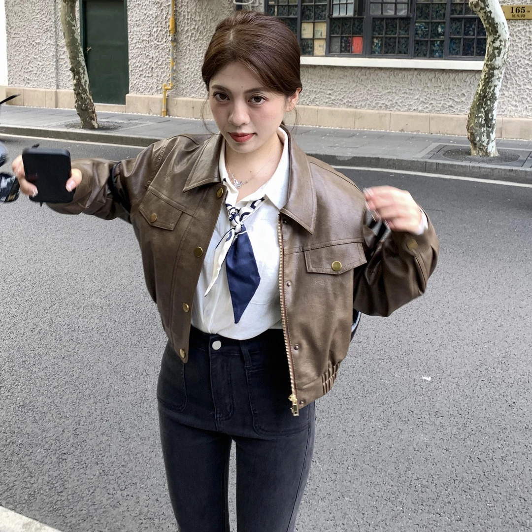 大眼LARGE EYE美式复古环保皮短款150小个子秋夹克外套高腰半身裙