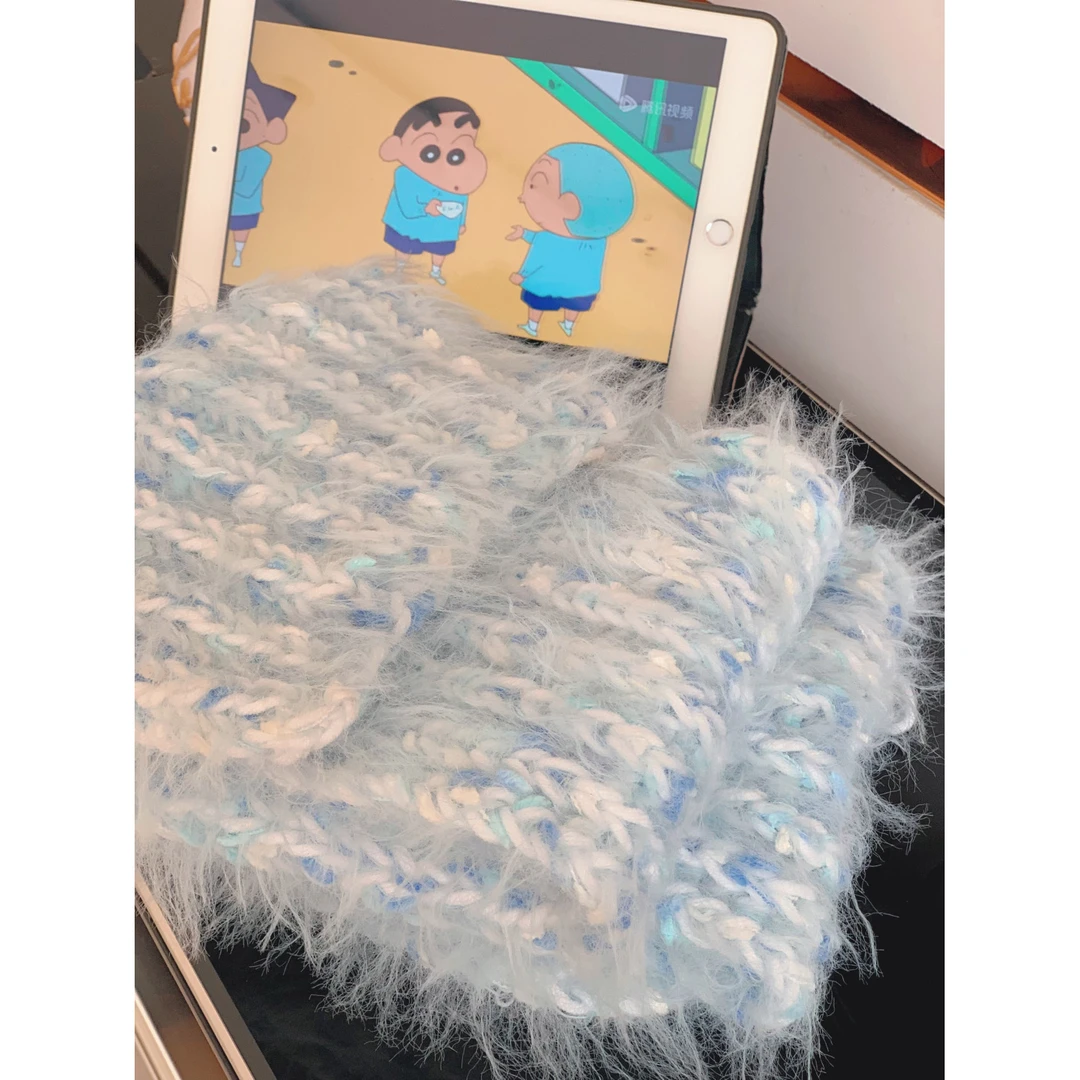 手工diy温暖海烟波蓝手混线围巾编织diy手工棒针双元宝长毛送礼