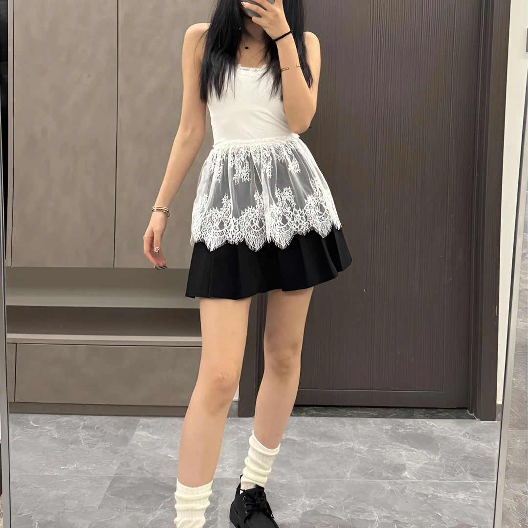 倪不叶【蕾丝小吊带屁帘】人棉气质V领名媛风女氛围感叠穿网纱拼接