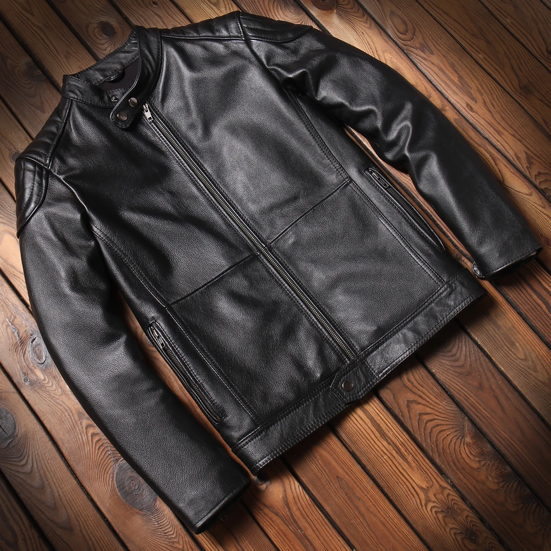 立领头层牛皮皮衣男百搭修身哈雷机车真皮皮衣骑行服外套秋冬季
