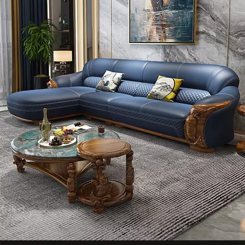 现代新中式乌金木头层牛皮轻奢简约北欧鱼款L型转角沙发别墅客厅