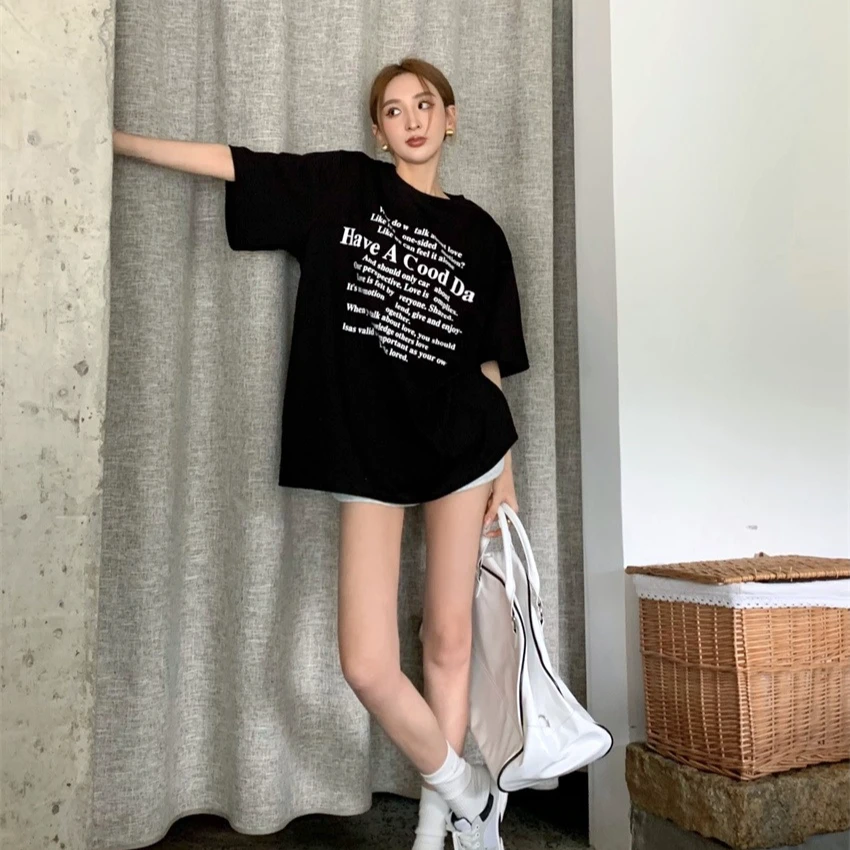 2025新款美式宽松圆领休闲字母印花短袖t女夏季百搭小众ins设计感