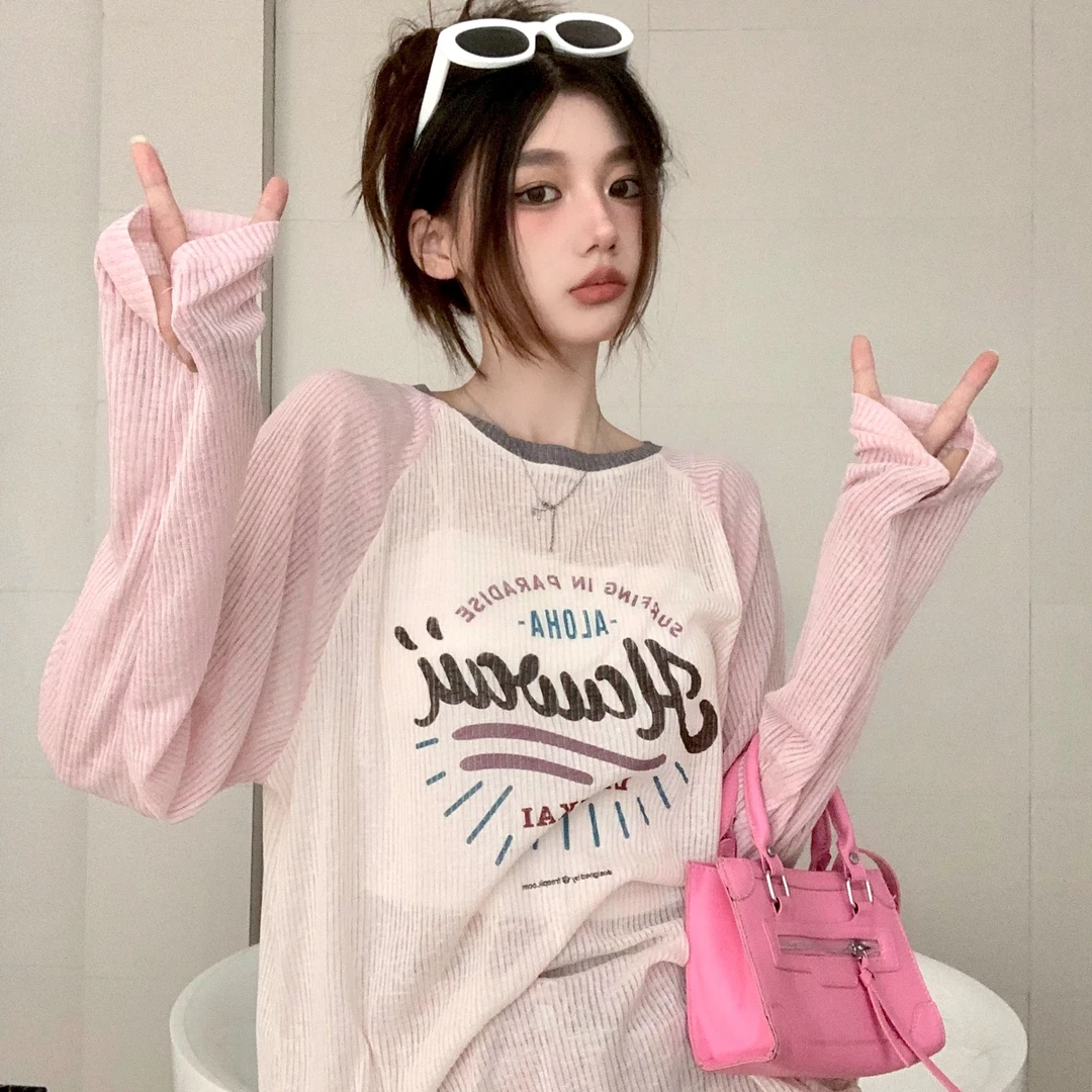 长款t恤女遮臀2025夏季新款长袖薄款宽松辣妹设计感防嗮T恤印花