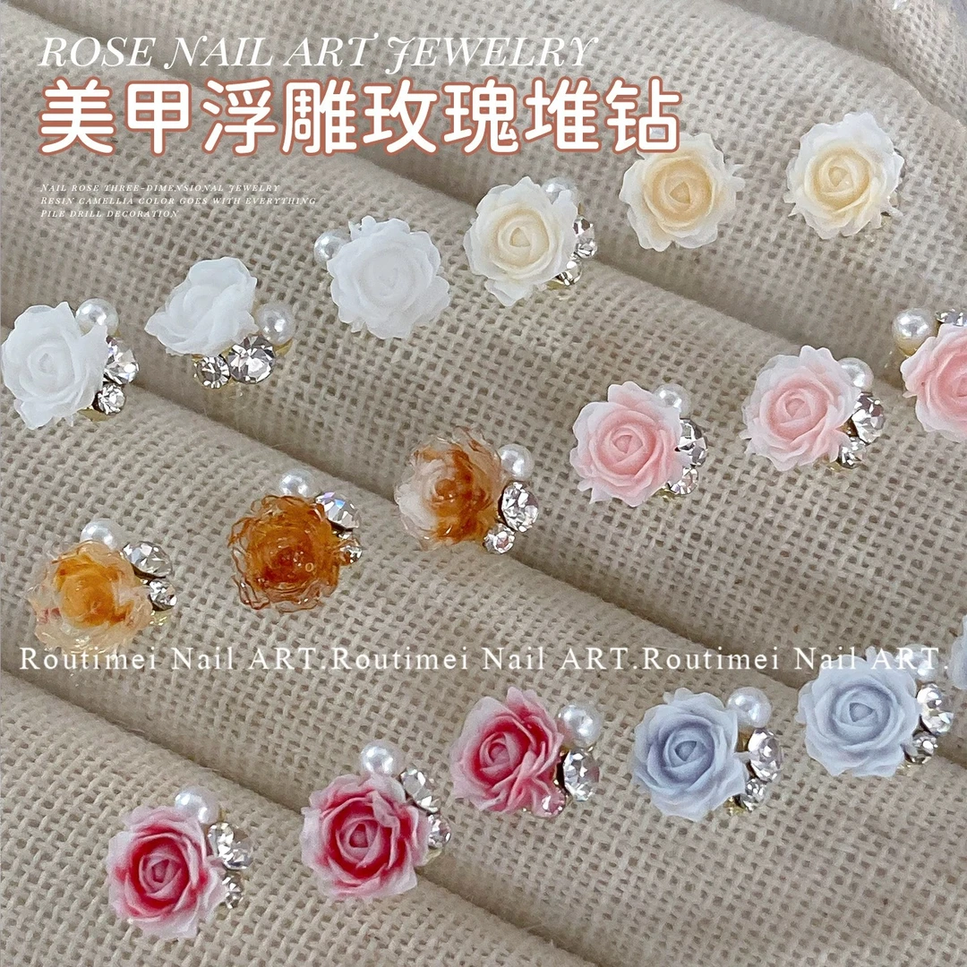 SX爆款美甲山茶花堆钻成品超闪玫瑰花水晶钻珍珠指甲钻石装饰品