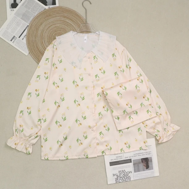 鹏杏色麦穗冰雪丝长裤长袖不带胸垫睡衣女两件套