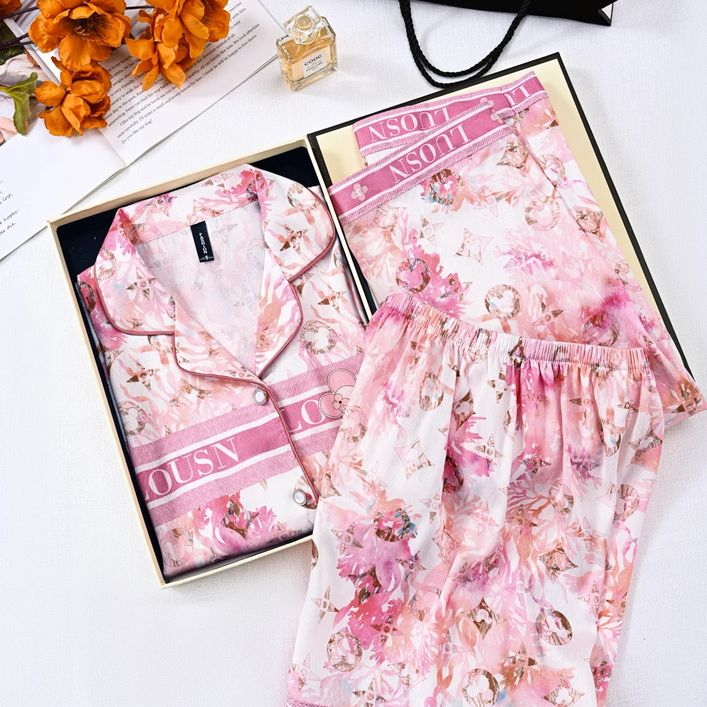 粉繁花三件套短裤短袖长裤不带胸垫睡衣女家居服