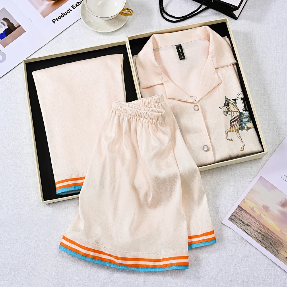 鹏新爱玛2.0冰雪丝短袖短裤长裤不带胸垫气质睡衣套装三件套女