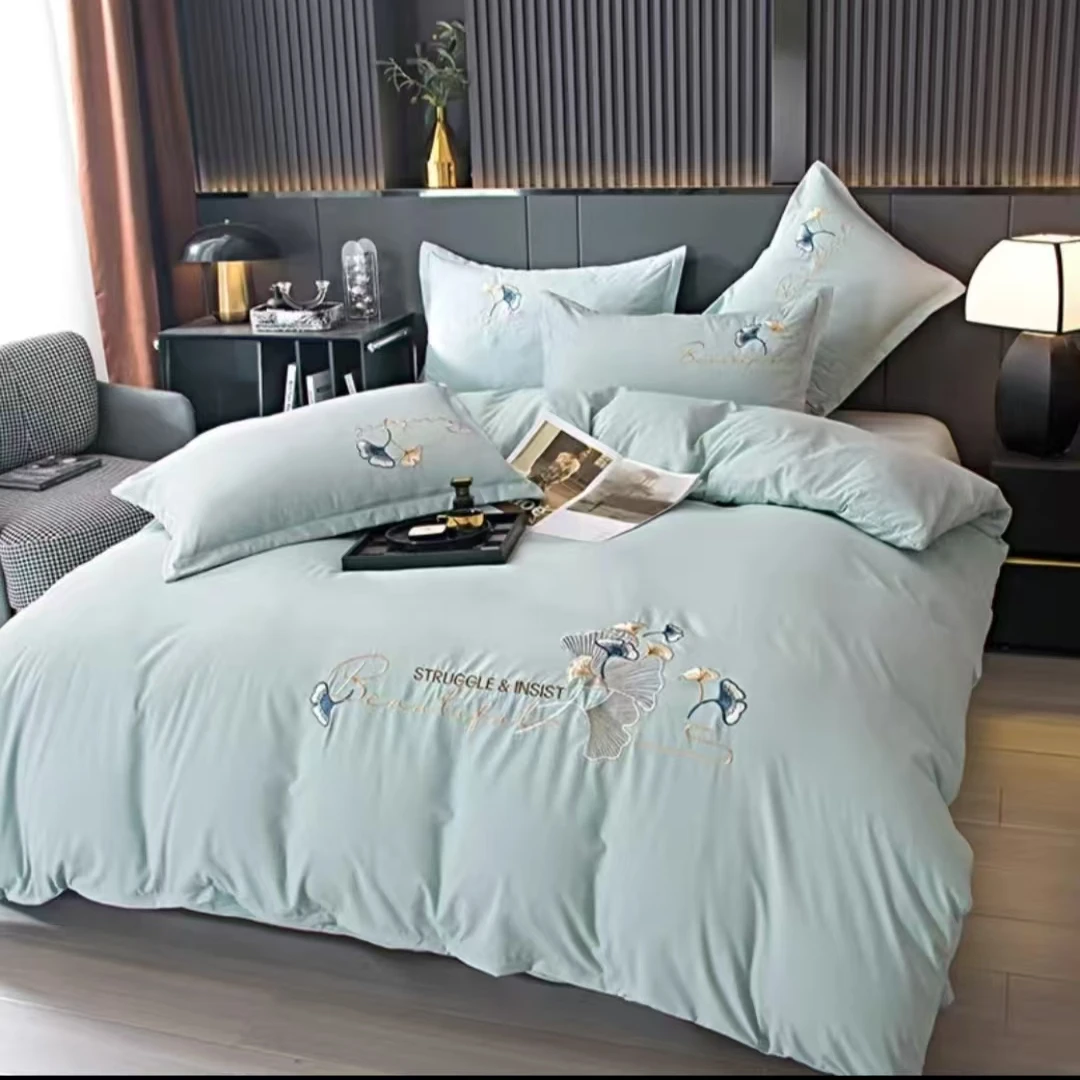 【新品上新】FC超柔亲肤保暖银杏刺绣牛奶绒四件套-蓝色