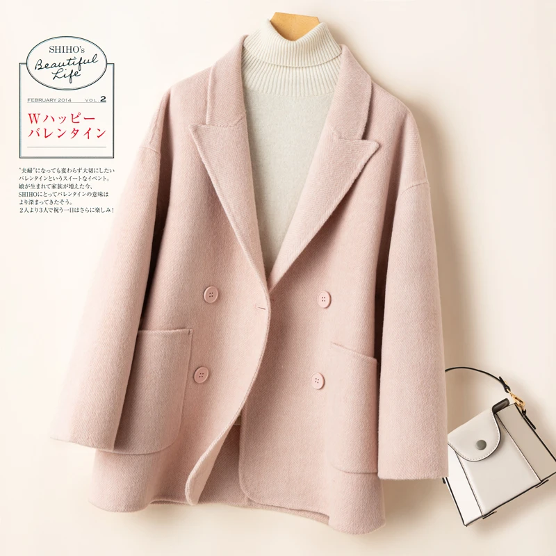 秋冬新款双面羊毛大衣女人字纹短款宽松小个子百搭羊绒羊毛呢外套