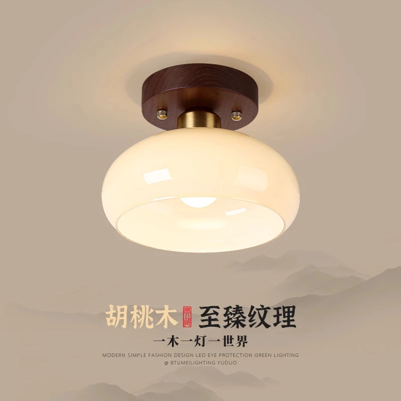 走廊灯过道灯胡桃木全铜中式吸顶灯复古侘寂奶油风入户玄关阳台灯