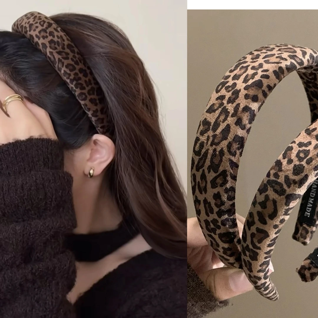 复古气质豹纹高颅顶发箍秋冬美拉德头箍