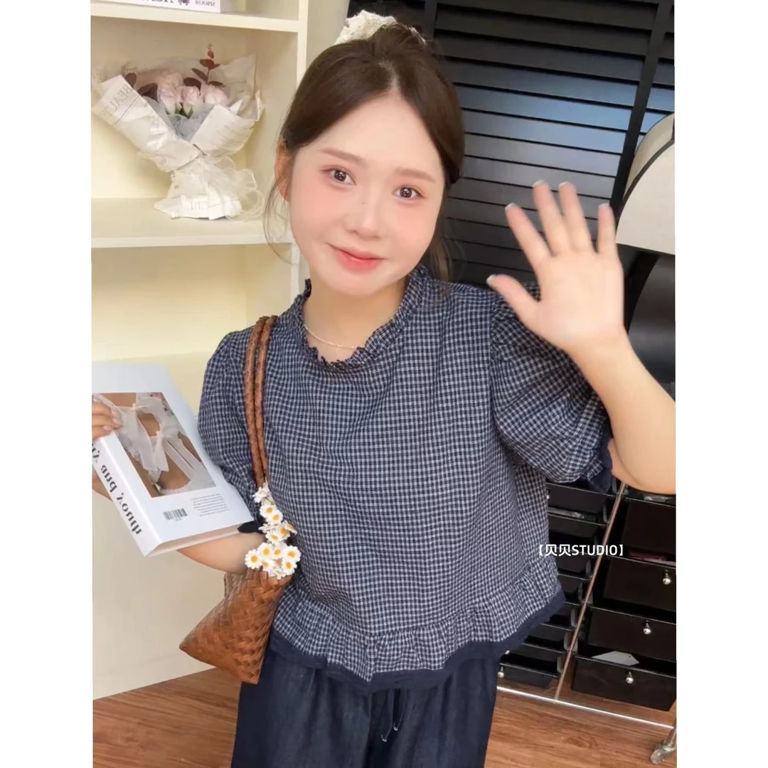 法式泡泡短袖花边格子衬衫女夏季韩系简约小众气质减龄娃娃领上衣