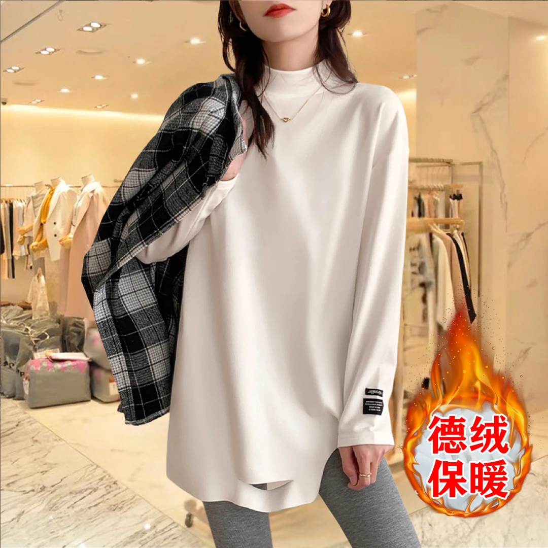 打底衫女内搭秋冬t恤上衣半高领长款加厚显瘦叠穿t恤搭配鲨鱼裤潮