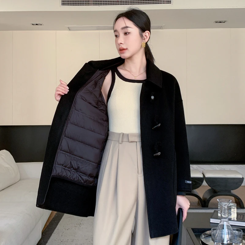 XP2319中长款双面羊毛大衣+羽绒服内胆两件套.韩版宽松显瘦外套女