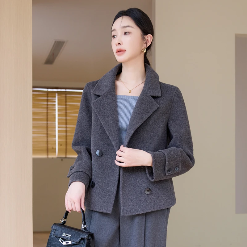 XP24-2高端手工全羊毛双面呢大衣女短款西装小个子宽松呢子外套