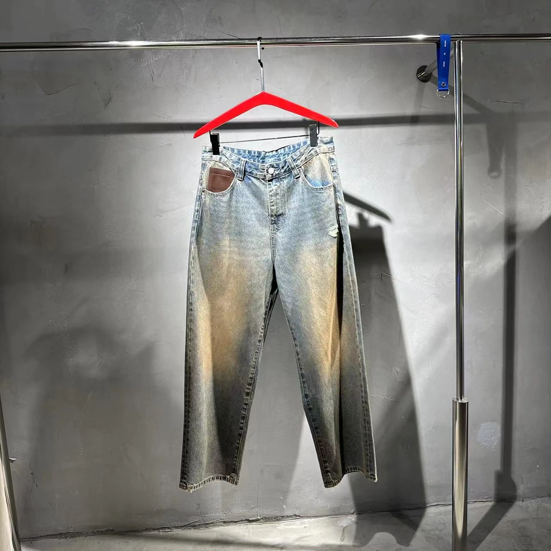 拉风哥  秋季新款26123复古色洗水破洞休闲个性直筒拖地裤潮宽松