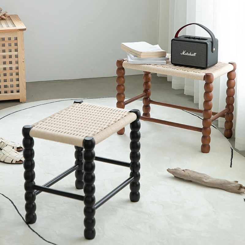 绳编中古设计换鞋凳北欧简约编织家用梳妆矮凳创意凳实木床尾凳子