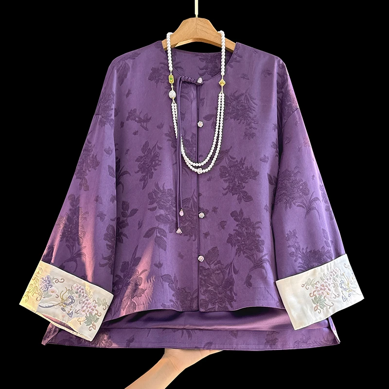 紫色新中式提花女士外套秋装新款原创休闲宽松流苏盘扣国风