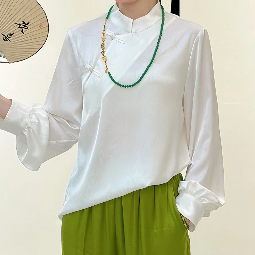 春秋百搭缎面提花中国风纯色衬衫女宽松白色不挑穿搭竹韵清雅长袖