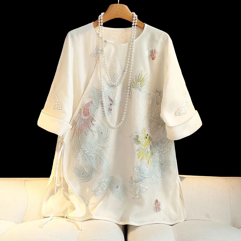 复古新中式刺绣上衣改良轻国风斜襟宽松重工刺绣浅色上衣中国风