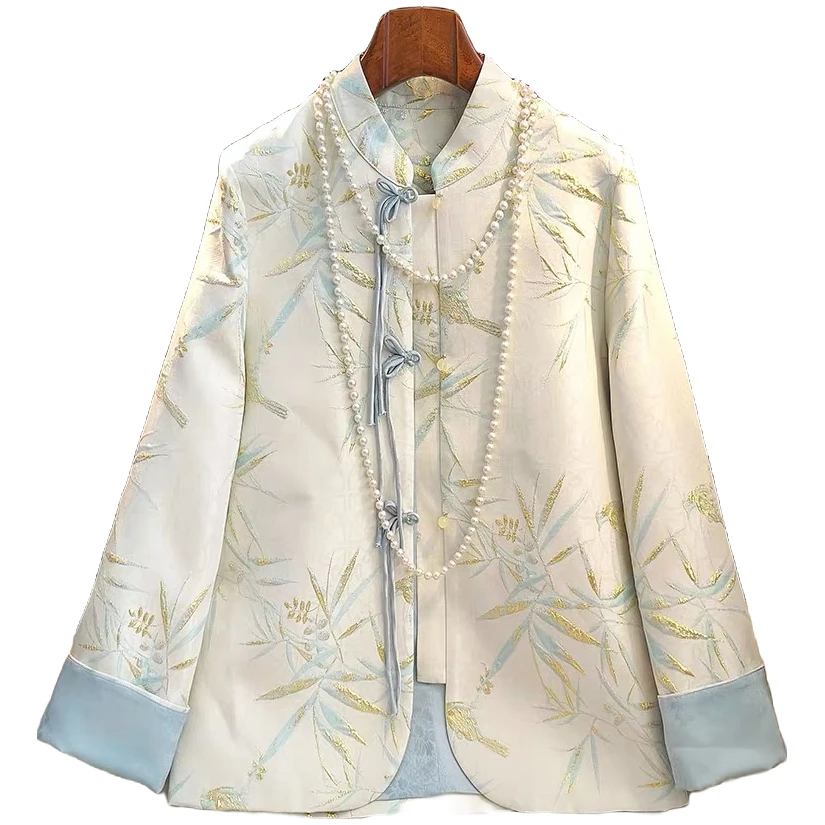 中国风复古浮雕肌理感竹叶提花小众高级设计感撞色唐装上衣