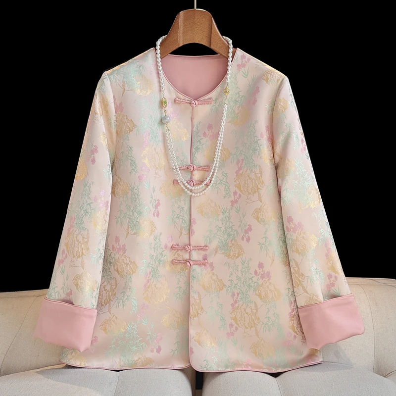 原创春秋圆领中国风织锦缎提花外套新中式唐装中式短外套粉色