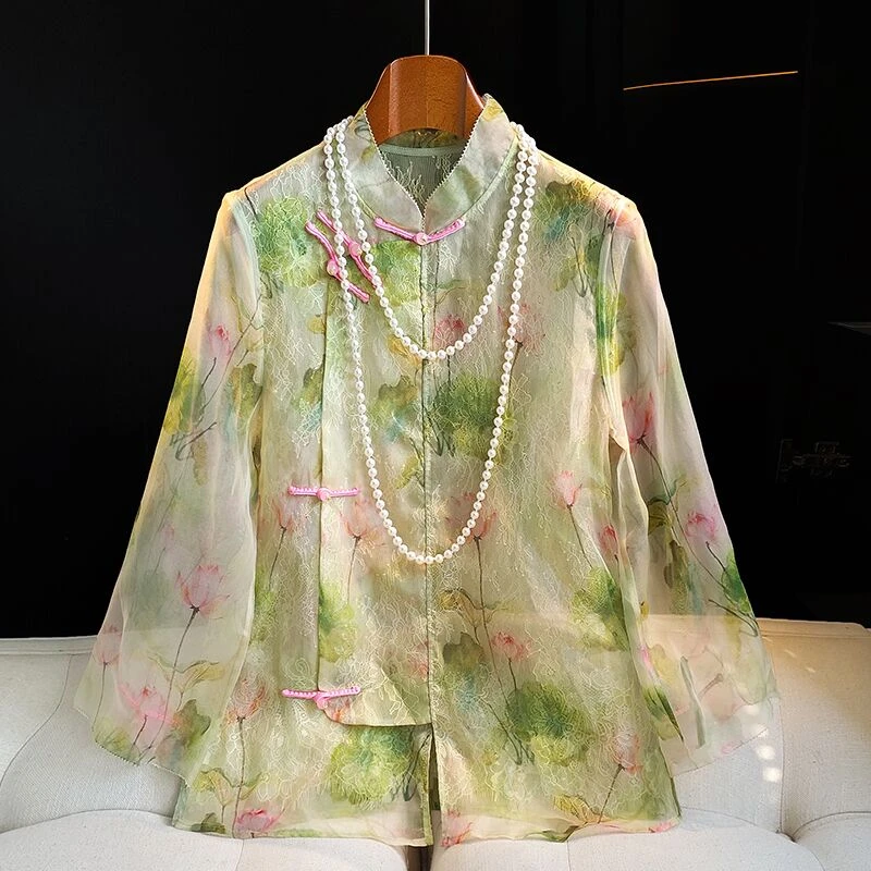 新中式国风衬衫女夏装改良复古盘扣蕾丝拼接印花上衣薄