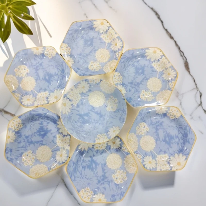 复古家用陶瓷套餐六角盘套装时尚款加厚浮雕时光漫步洋气餐具盘碗