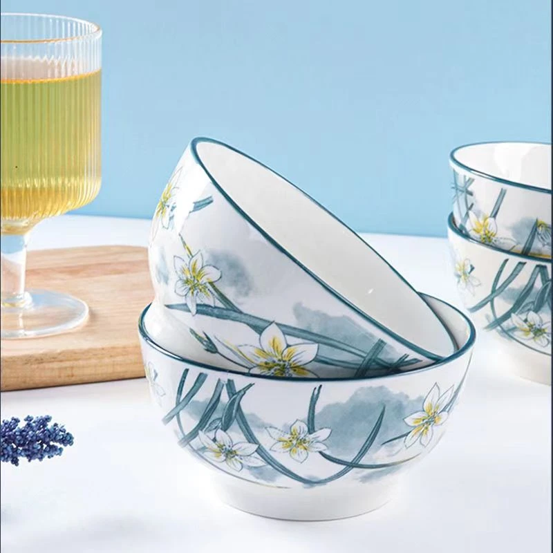 釉下彩水仙花4.5英寸吃饭碗8个装家用创意陶瓷