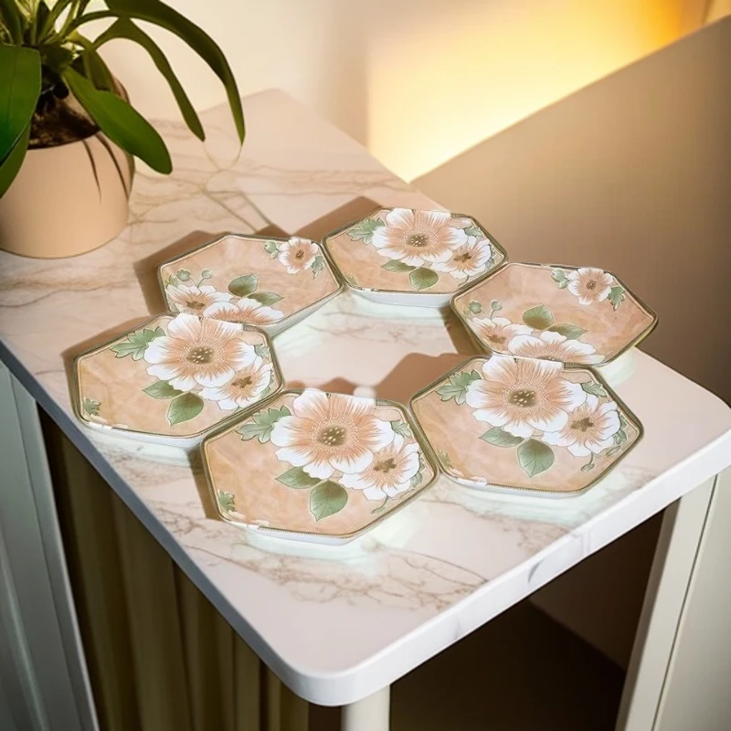 【6个装】8.5英寸大号山茶花六角盘家用网红陶瓷釉下彩拼盘