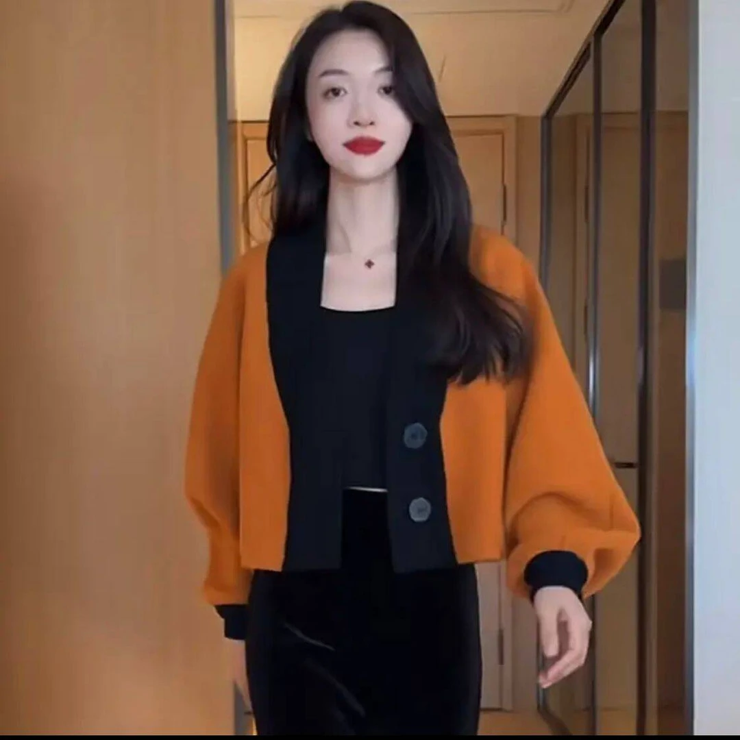 法式名媛风百搭显瘦针织衫毛衣开衫外套撞色时尚洋气小个子短款女