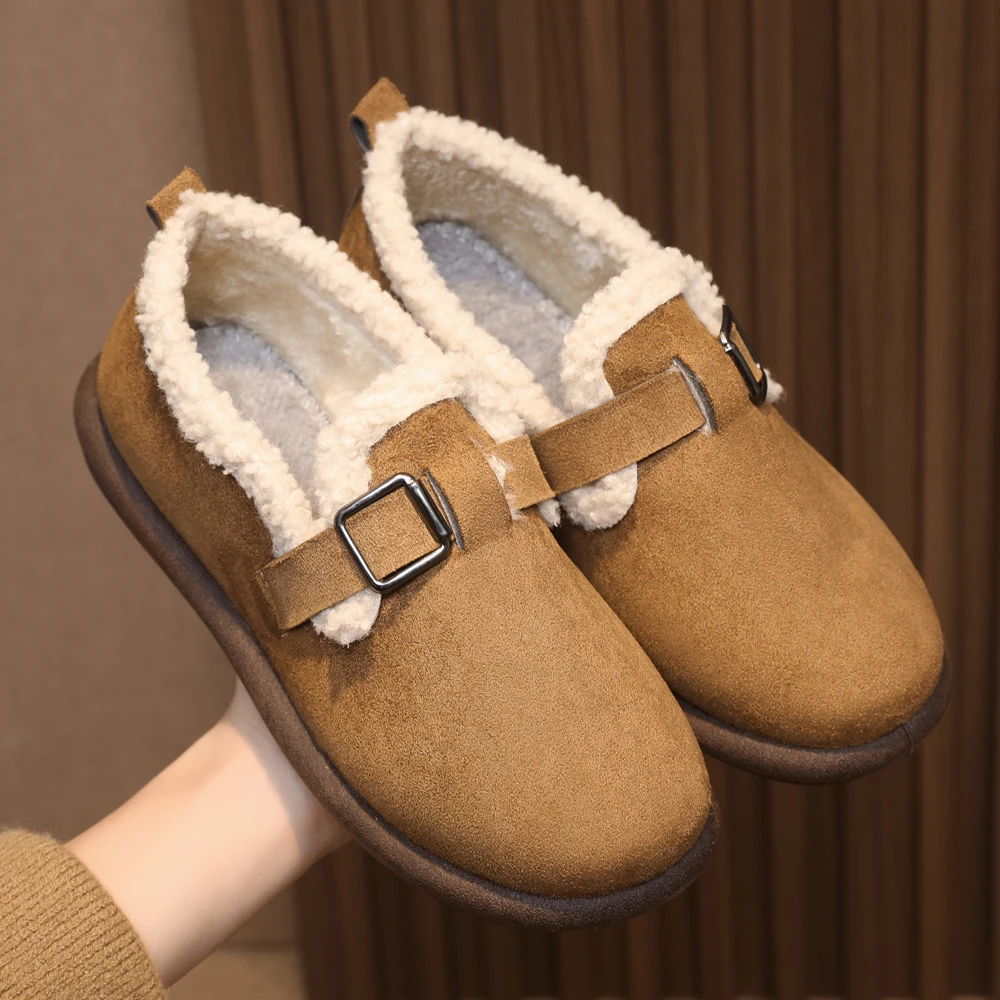 冬季加绒加厚防滑勃肯鞋女平底懒人一脚蹬豆豆鞋防滑软底复古鞋子