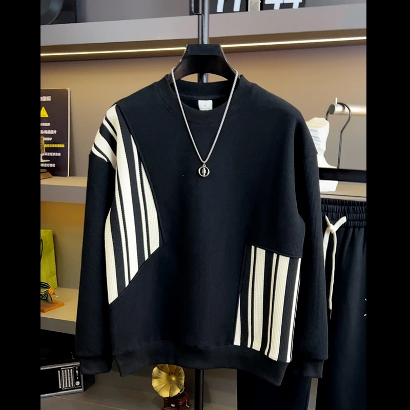 韩版气质拼接时尚百搭男装卫衣黑色加绒男士上衣宽松休闲