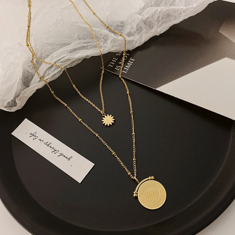 设计师太阳花双层硬币项链女ins冷淡风小众设计感叠戴多