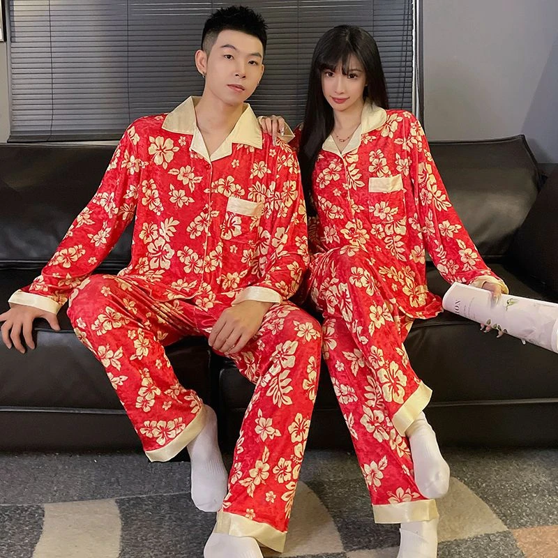 秋冬季新款翻领奢华金丝绒情侣婚庆睡衣女男士长袖开衫高档家居服