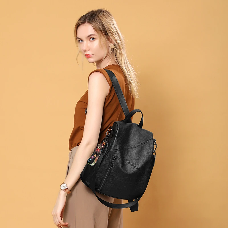 双肩包女2023新款时尚大容量多用女士休闲通勤旅行防盗皮质背包女