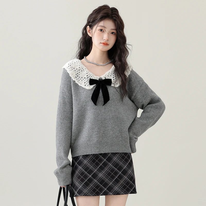 简温2025秋冬新款复古蝴蝶结气质针织衫女娃娃领小毛衣短款上衣潮