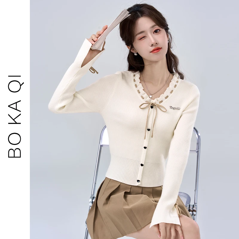 简温2025春秋新款木耳边v领小香风内搭针织开衫女毛衣短款上衣潮