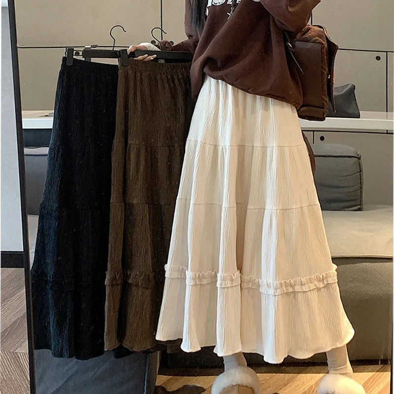 2025春秋新款高腰显瘦花边灯芯绒蛋糕裙女气质拼接木耳边A字裙潮